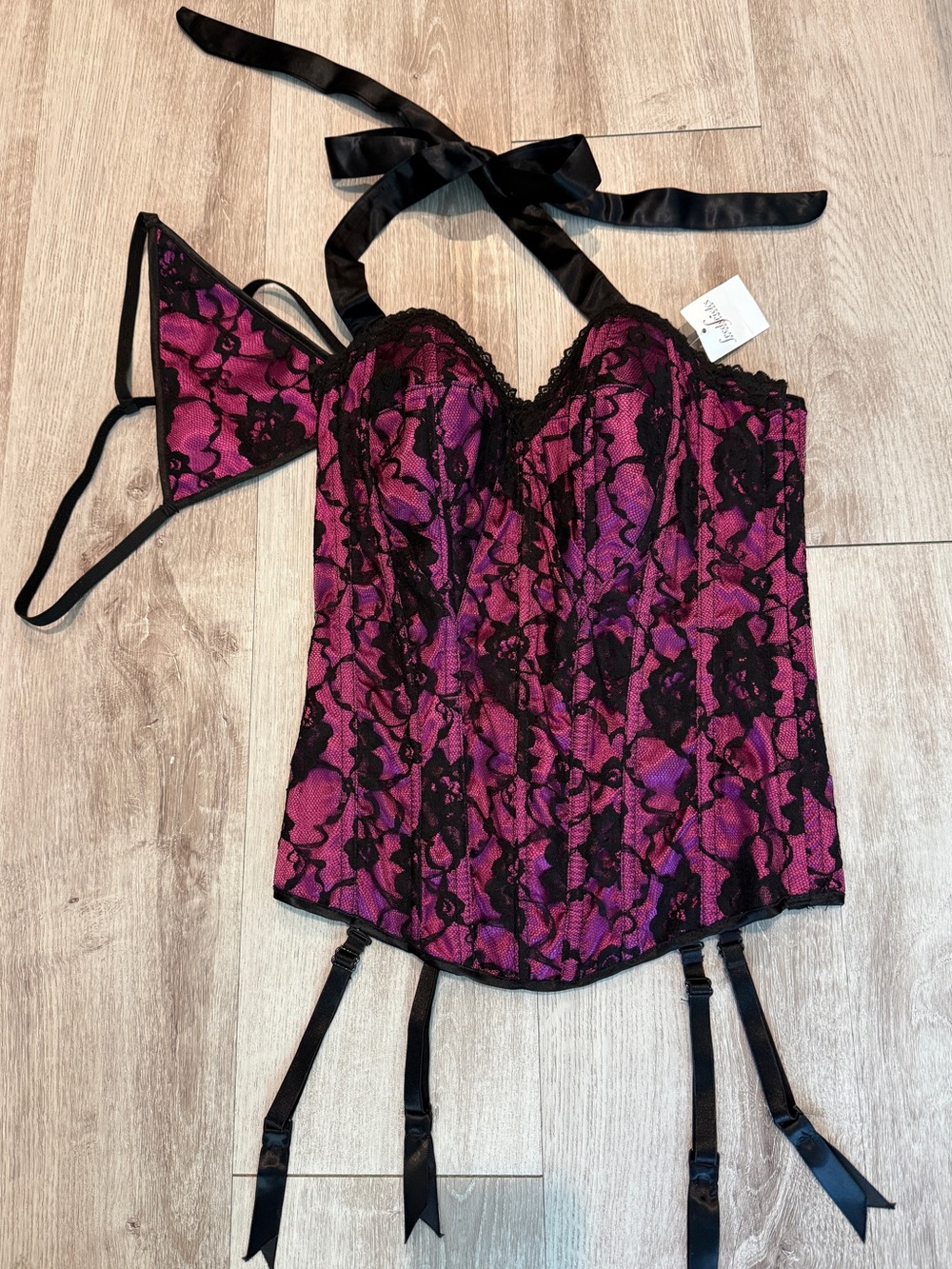 Fredericks of Hollywood Purple w/ Black Lace Corset and Thong Lingerie Set NEW
